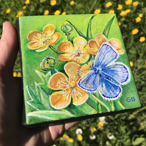 'Common Blue Butterfly & Buttercups', Original Acrylic Painting, Shelf Art, Gift
