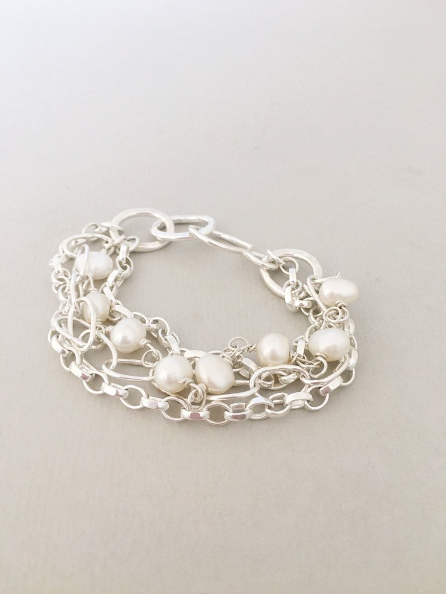 Multi Strand Silver Bracelet - Pearl Bracelet - Link Bracelet