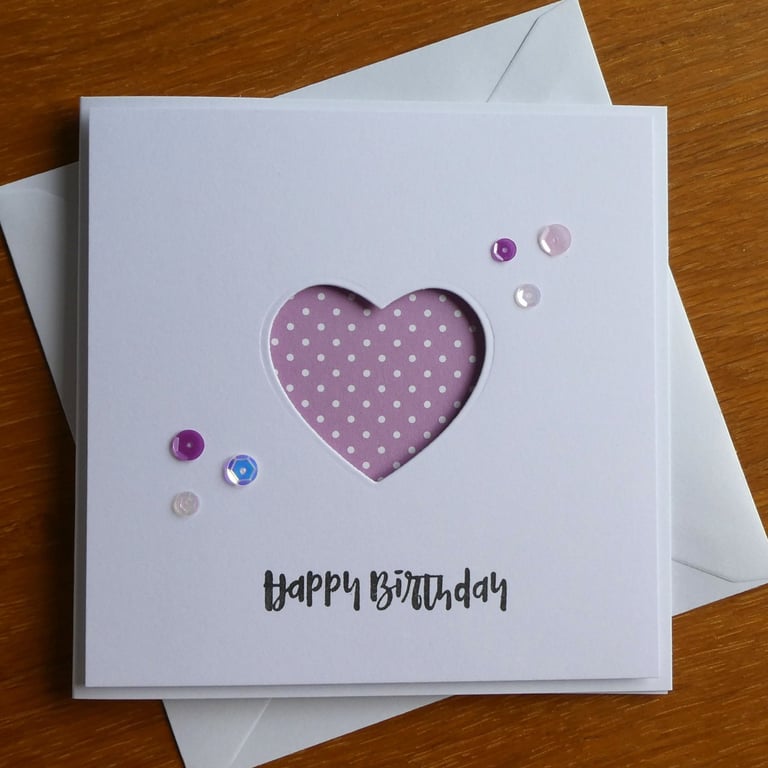 Birthday Card - Dusky Pink and White Polka Dot Heart Aperture