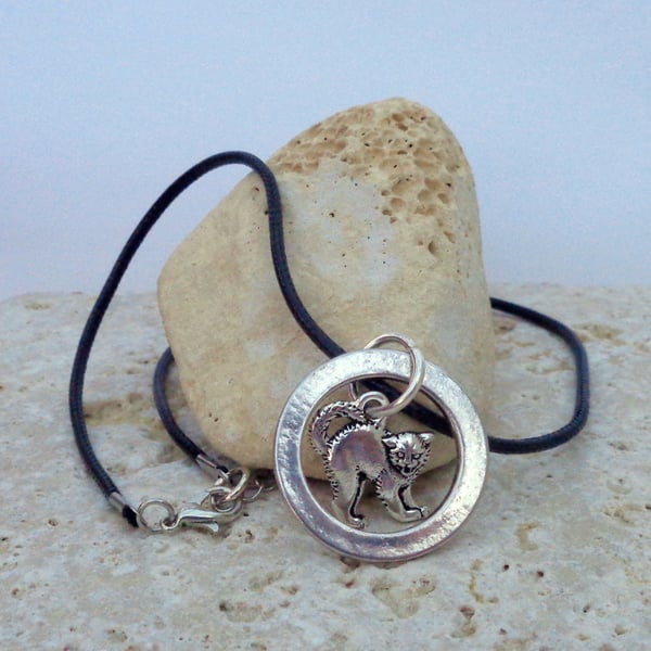 Cat silver metal pendant on black cord necklace