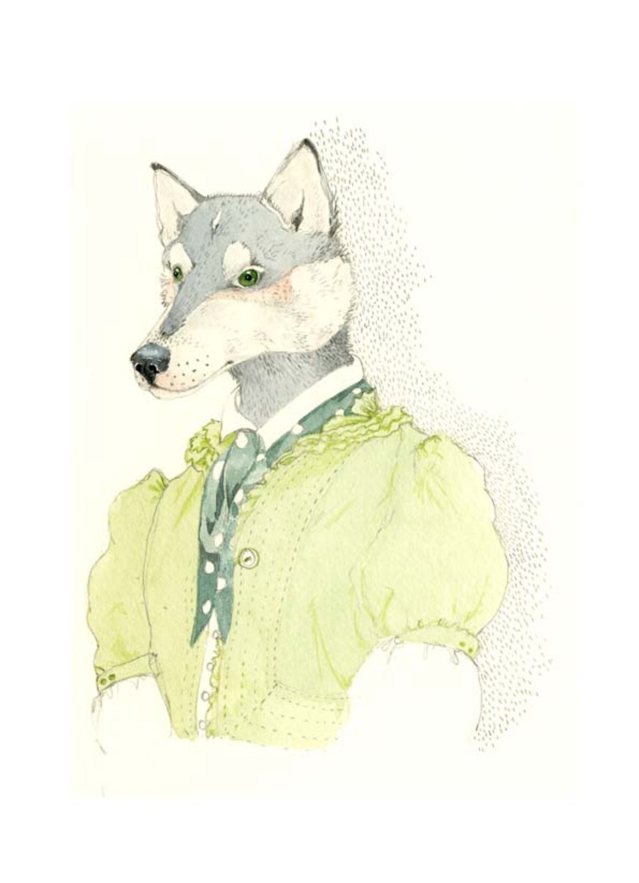 Husky Dog print A4 Dog in a Green Frock