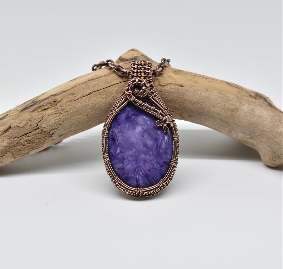 Purple Charoite and Copper Woven Pendant on a Copper Chain