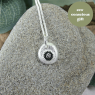 Silver Pebble Pendant with Sunflower, Recycled Silver Necklace