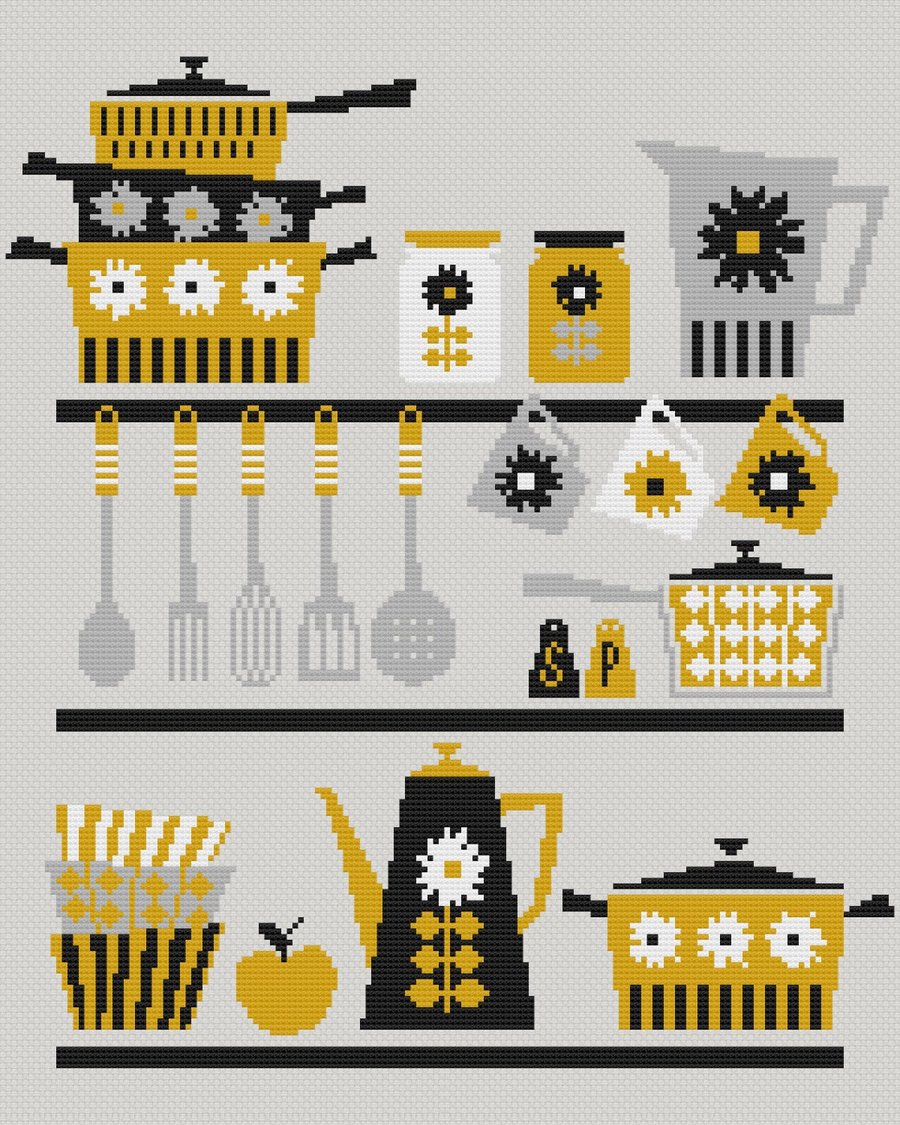 186 - Retro Kitchen Coffee Pot, Cups, Pots & Pans - Dark - Cross Stitch Pattern