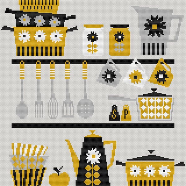 186 - Retro Kitchen Coffee Pot, Cups, Pots & Pans - Dark - Cross Stitch Pattern
