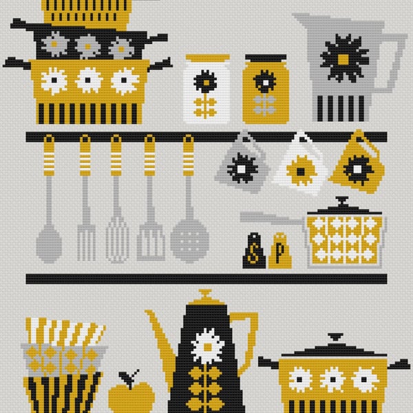 186A - Retro Kitchen Coffee Pot, Cups, Pots & Pans - Dark - Cross Stitch Pattern