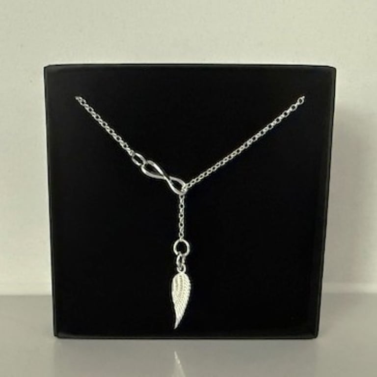 Lariat Y Infinity Angel Wing Sterling Silver Necklace, 925 Silver Lariat Chain