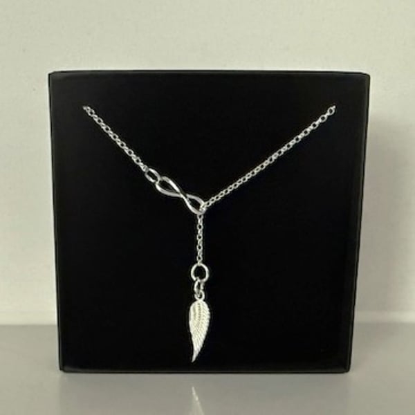 Lariat Y Infinity Angel Wing Sterling Silver Necklace, 925 Silver Lariat Chain