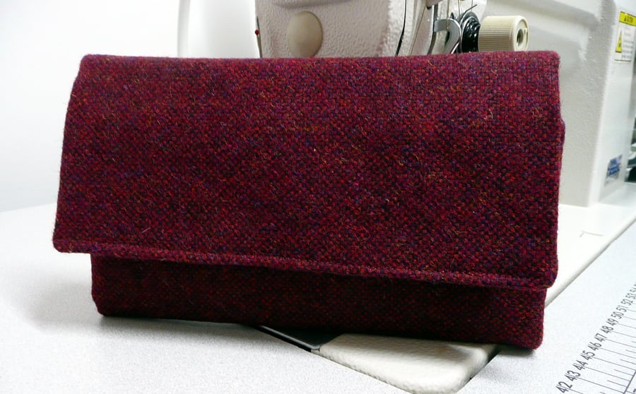 Maroon and hot pink wool tweed bi fold wallet, ladies purse