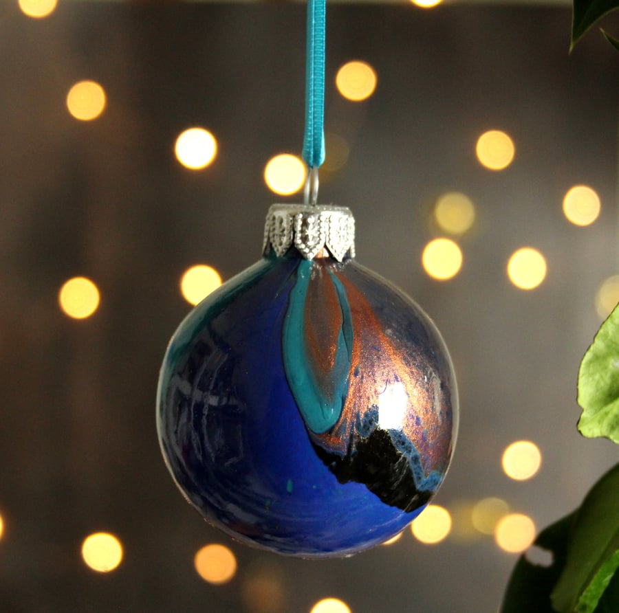 Christmas ceramic bauble blue copper acrylic pour decoration 