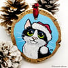 Black and White Santa Cat - Hand Painted Wooden Christmas Tree Decoration