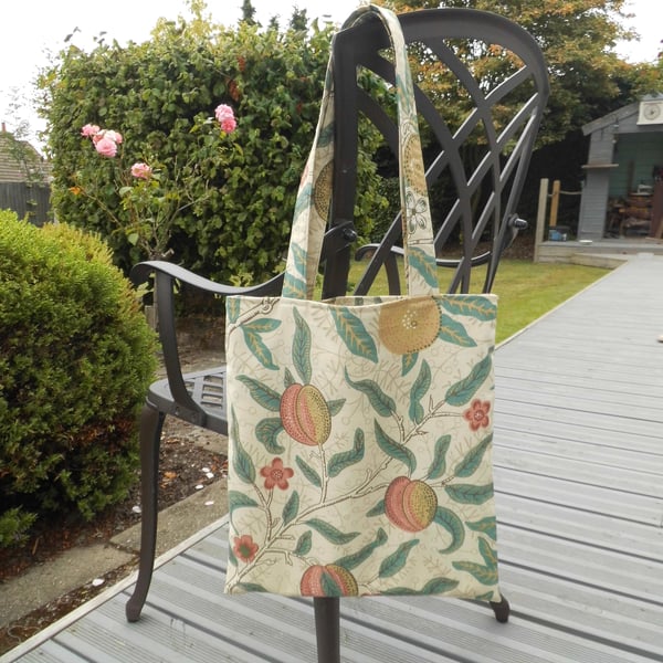Tote bag long handles cream fruit and leaves print