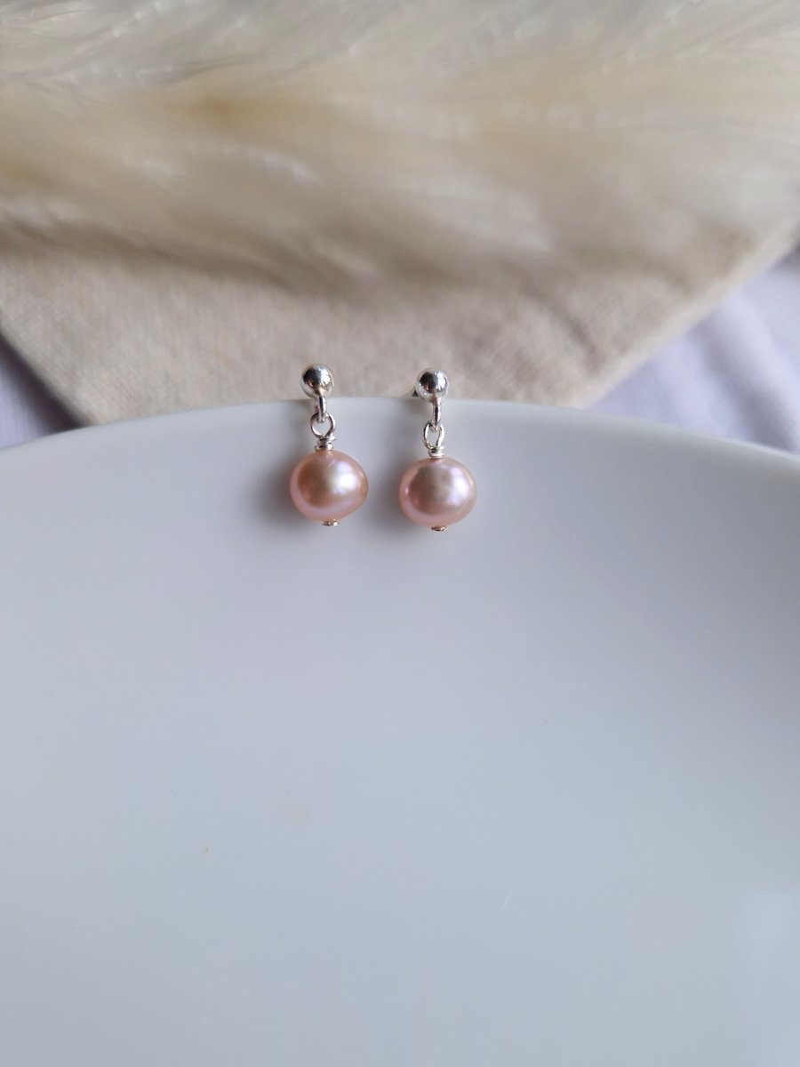 Pink pearl sterling silver stud drop earrings, simple pearl stud earrings