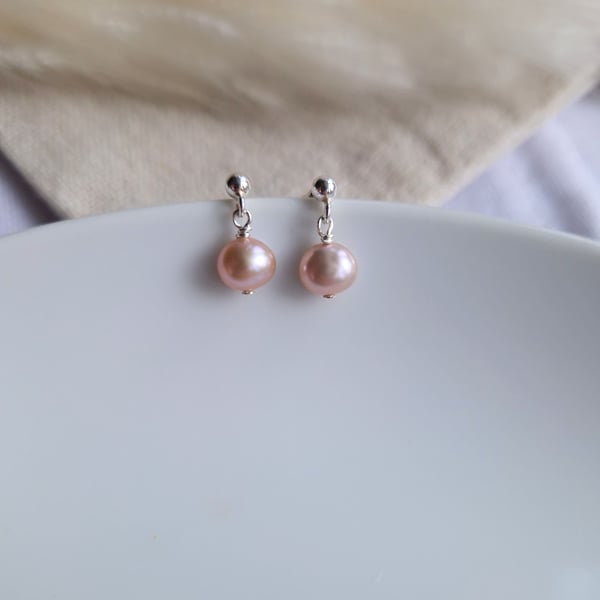 Pink pearl sterling silver stud drop earrings, simple pearl stud earrings