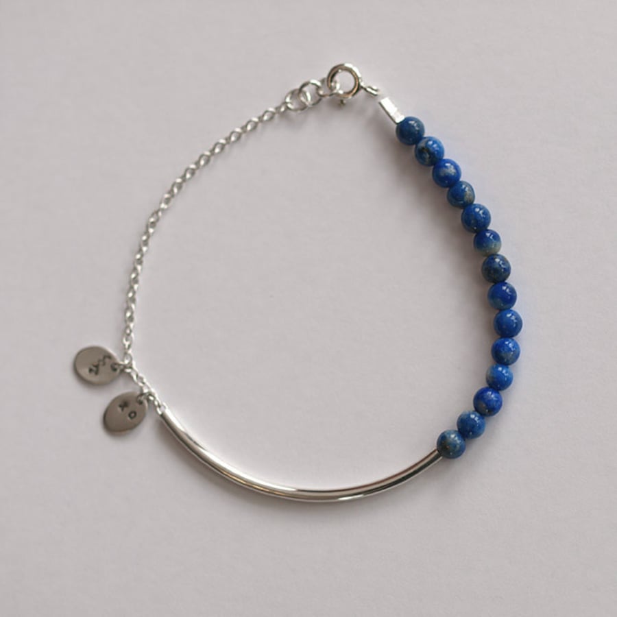 Sterling Silver Bar Bracelet with Lapis Lazuli and charms