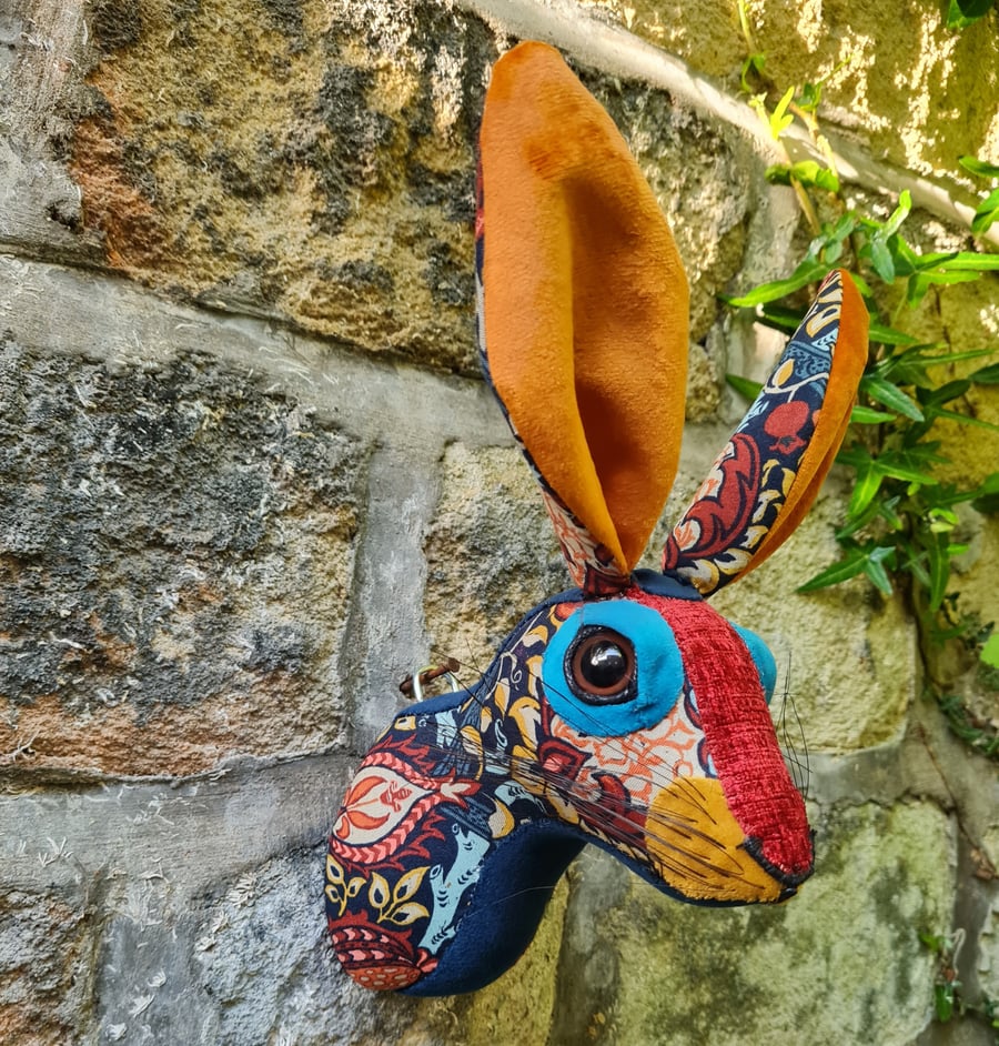 Faux hare head wall mount in William Morris fabric