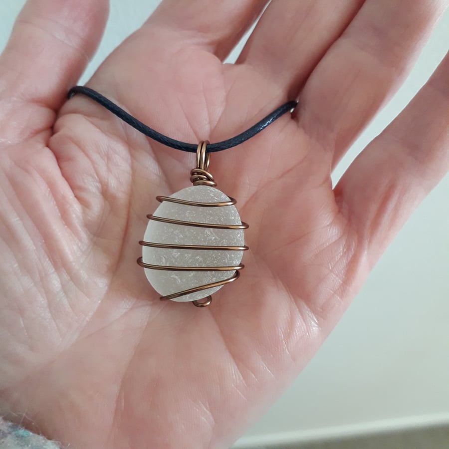 White Seaham Sea Glass Necklace, bronze wire18" waxed cotton cord, Sustainable