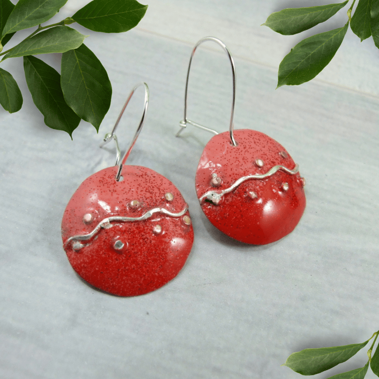 Red Patterned Earrings. Copper and Silver Circles with Red and Pink Enamel