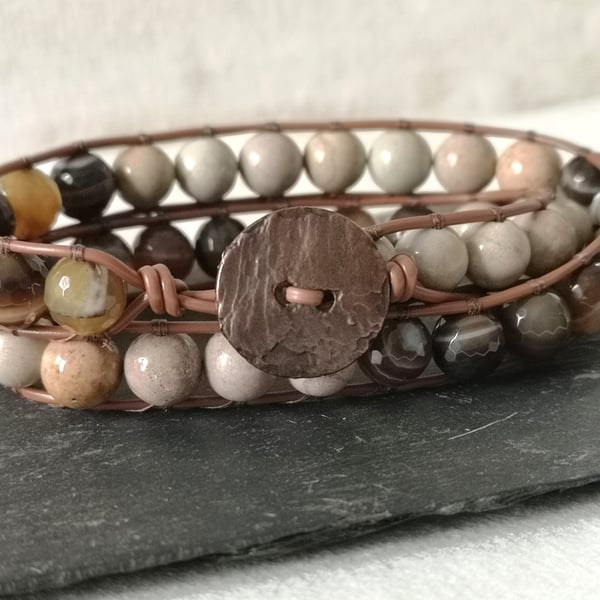 Brown agate and jasper semi precious double wrap bracelet with vegan leather