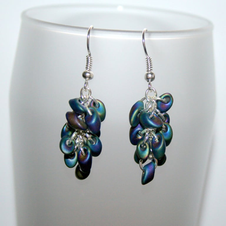 Purple Blue Iridescent Glass Bead Earrings - Colourful Dangle Earrings
