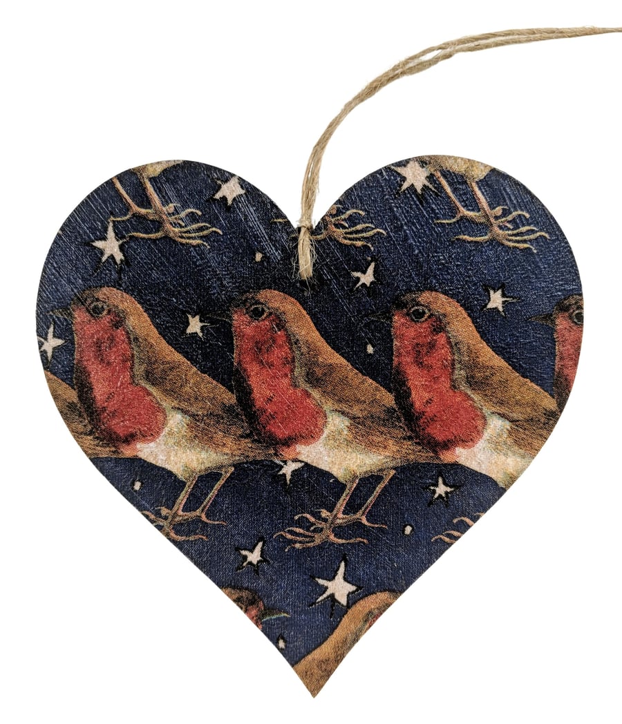 Wooden Hanging Heart in Emma Bridgewater Robin in a Starry Night