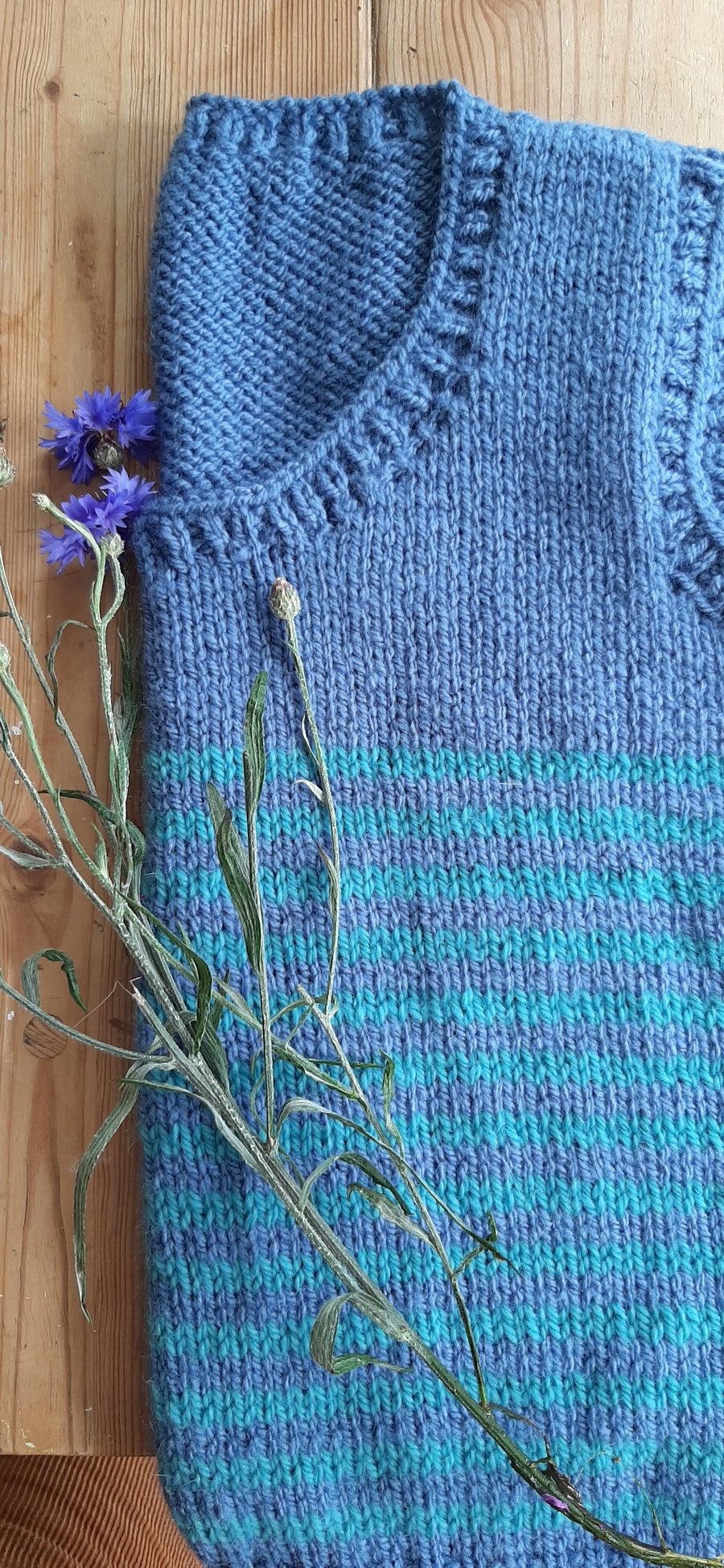 Hand knitted medium tank top in sea blues