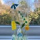 Tall fused glass panel with oak stand
