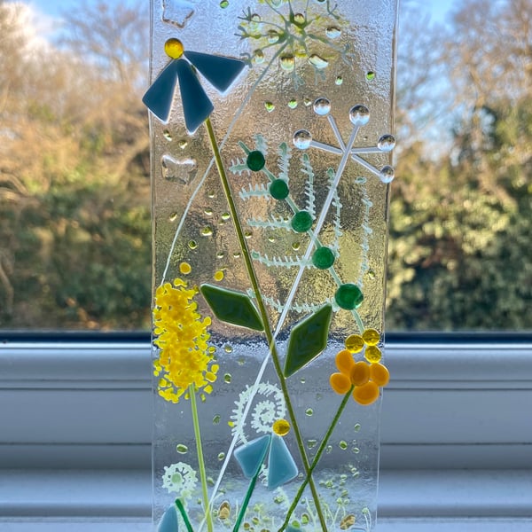 Fused glass panel with oak stand