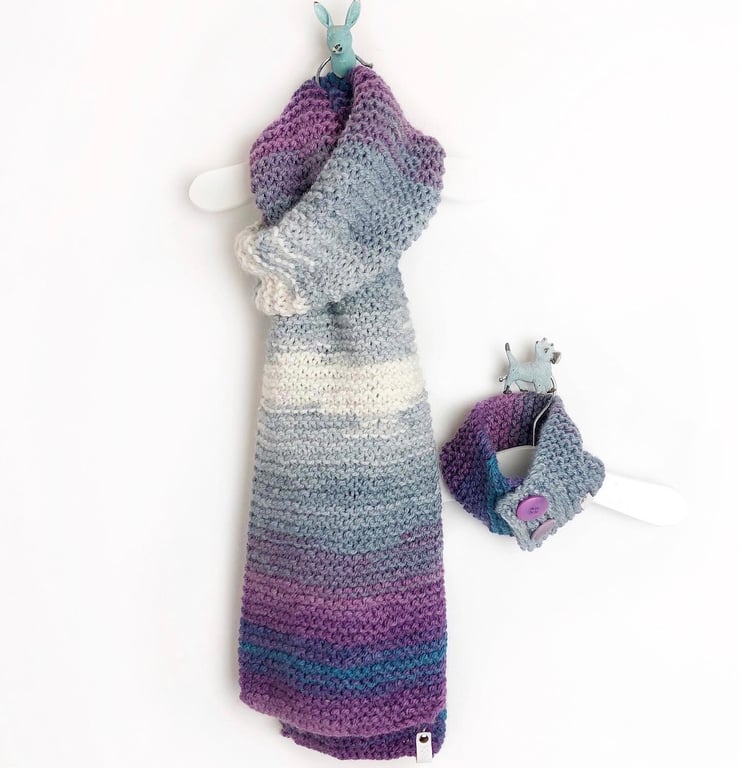 Hand Knitted Scarf  - Cosy Chunky Yarn - to match Dog Scarf Blue Grey