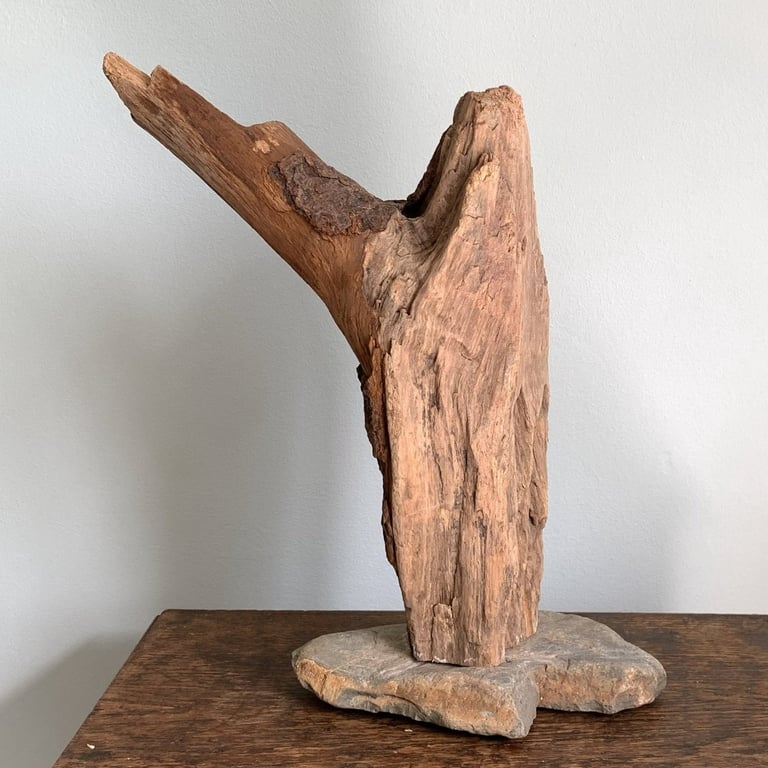 Handmade Driftwood Sculpture on Natural Stone  Modern Abstract Coastal Art Decor
