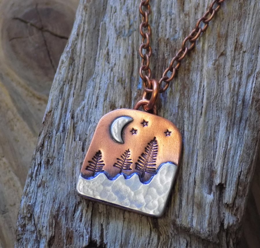 Copper and silver 'alpine hillside' mixed metal pendant 