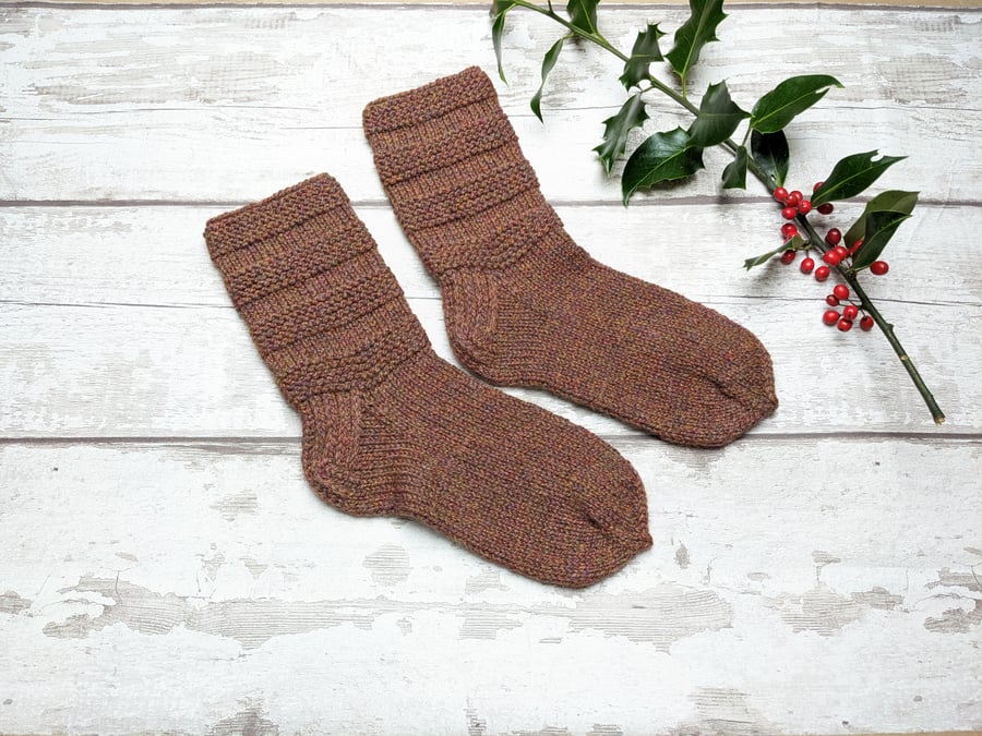 Handknit socks women's wool with acrylic, spice brown sofa socks, UK5