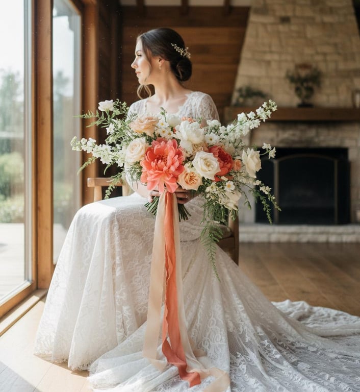 Hand Dyed Apricot Silk Ribbon: Bridal Bouquet Ribbon, Stationery, Cake Wrap