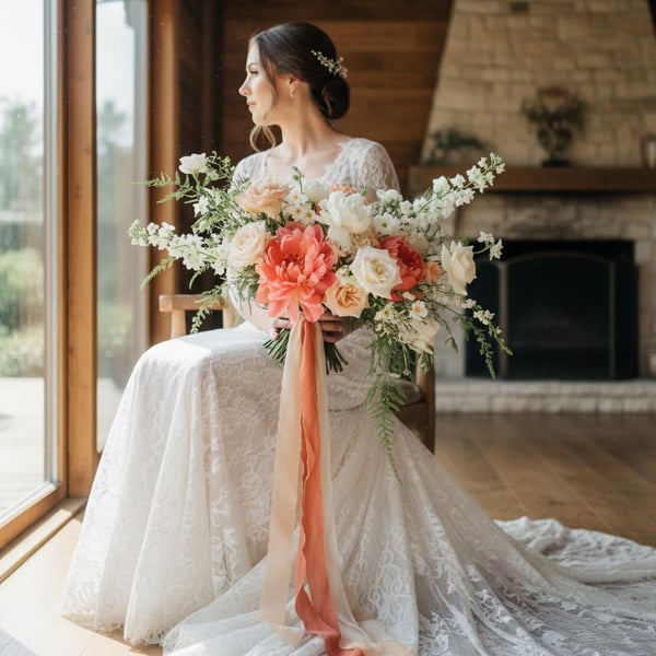 Hand Dyed Apricot Silk Ribbon: Bridal Bouquet Ribbon, Stationery, Cake Wrap