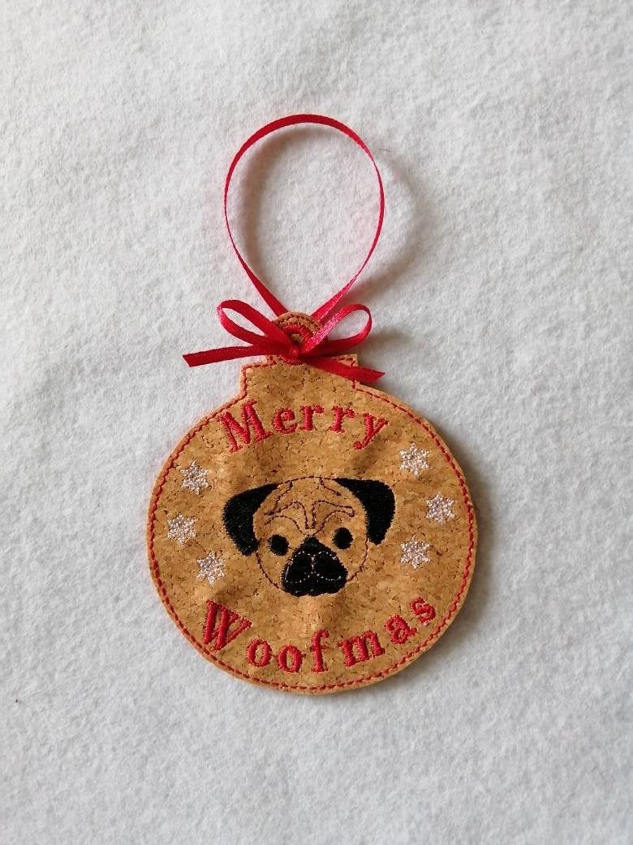 728. Merry Woofmas - Pug Christmas tree hanging ornament.