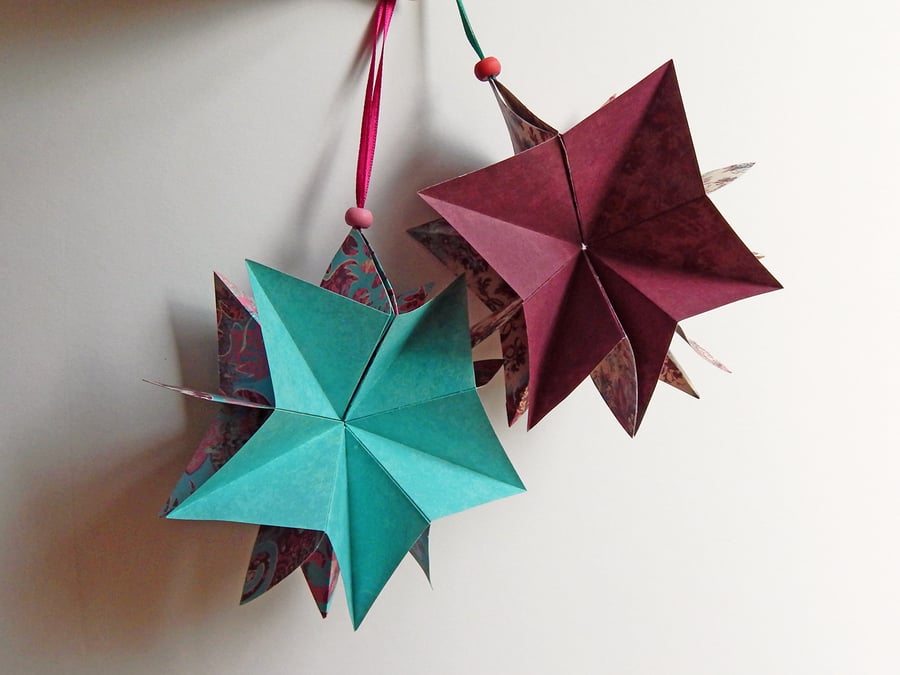 Christmas Stars - Folding Paper Star Ornaments in Aqua and Mulberry