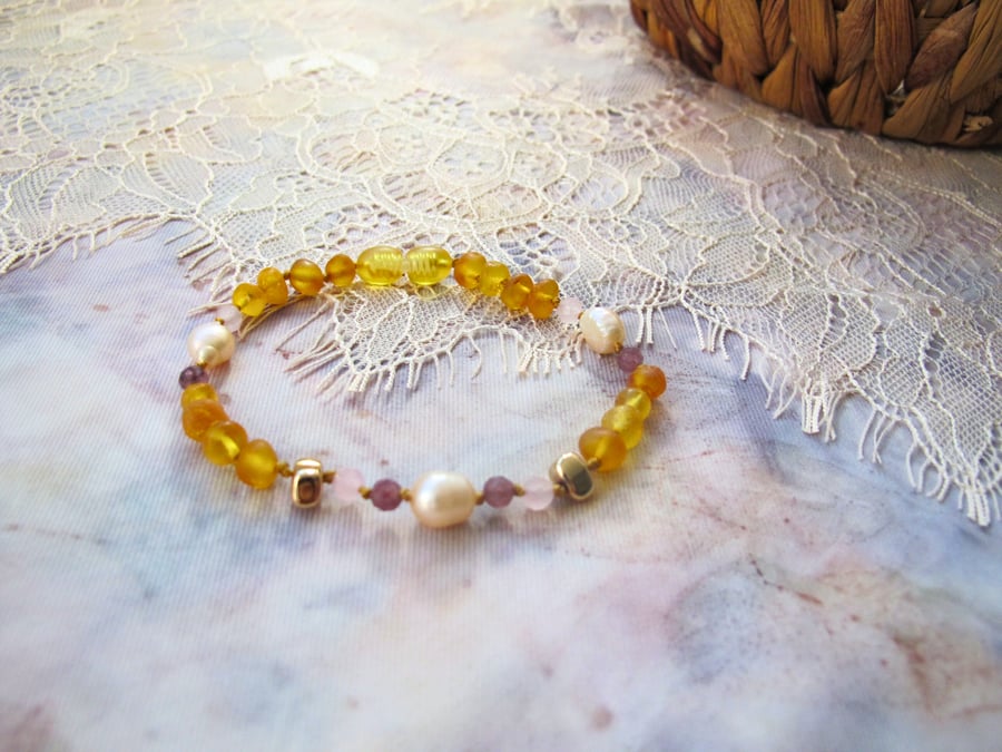 "Aurora" Raw Amber with Pearl and Amethyst Bracelet