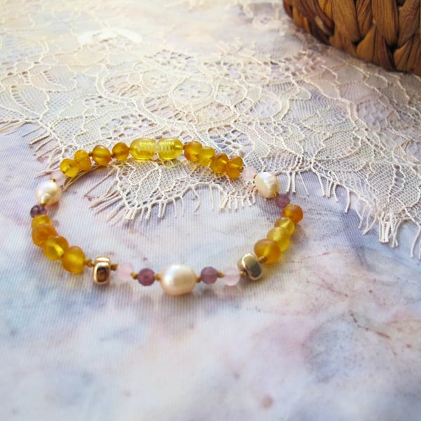 "Aurora" Raw Amber with Pearl and Amethyst Bracelet