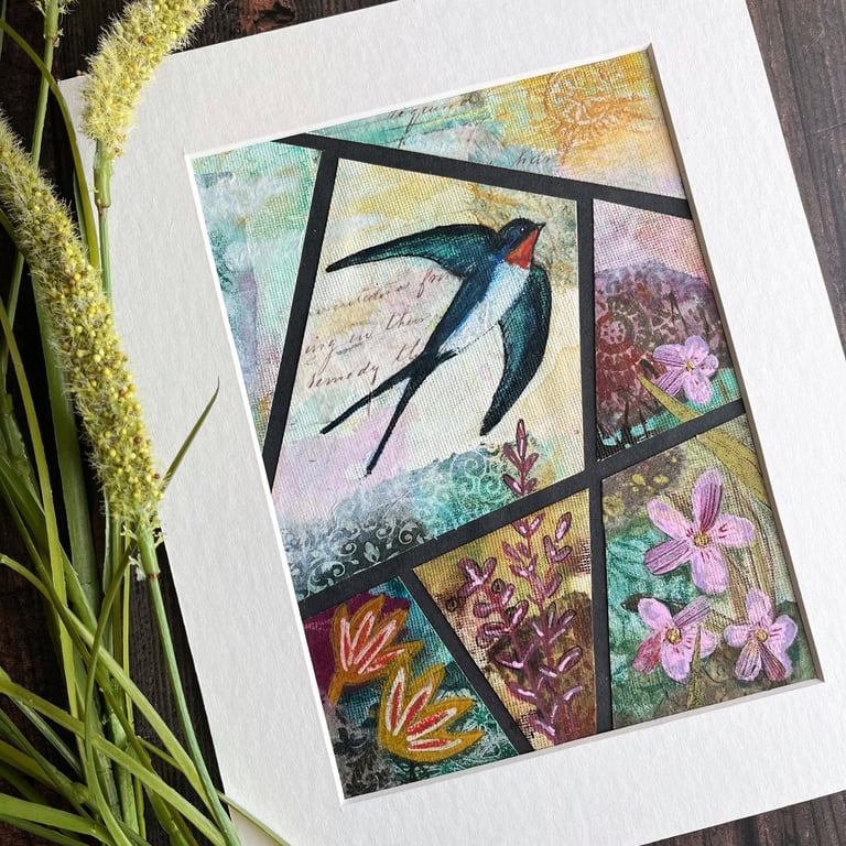 Swallow and flowers mixed media collage, original artwork, gift for bird lover