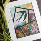 Swallow and flowers mixed media collage, original artwork, gift for bird lover