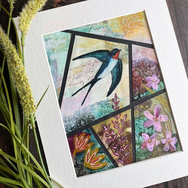 Swallow and flowers mixed media collage, original artwork, gift for bird lover