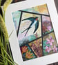 Swallow and flowers mixed media collage, original artwork, gift for bird lover