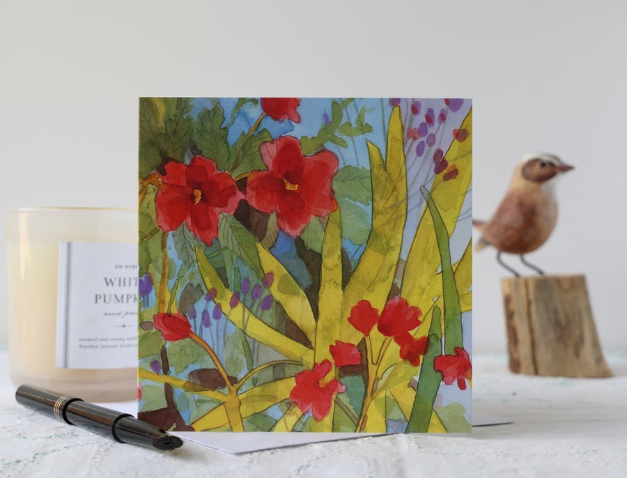 A blank floral greeting card from an original watercolour painting