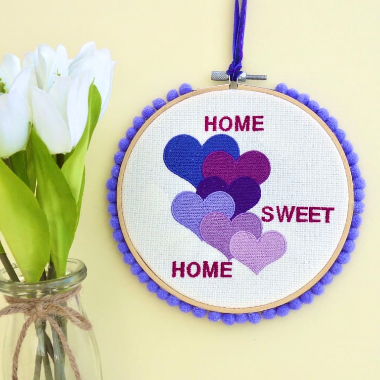 Purple Hearts: Embroidered Hoop, Hooped Embroidery Wall Hanging