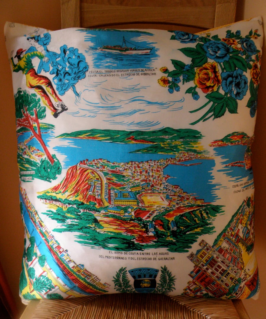 Large floor cushion- vintage travel scarf - Gibraltar 