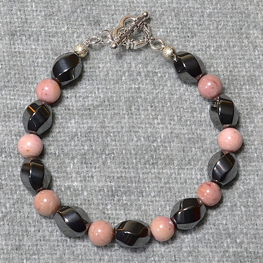 Hematite Swirl and Pink Stone Bead Bracelet