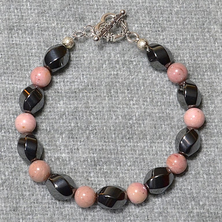 Hematite Swirl and Pink Stone Bead Bracelet