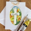 Original handpainted Easter card of cross surrounded by daffodils 