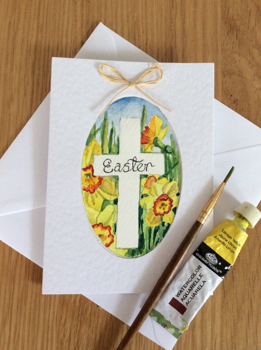 Original handpainted Easter card of cross surrounded by daffodils 