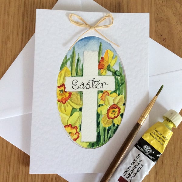 Original handpainted Easter card of cross surrounded by daffodils 